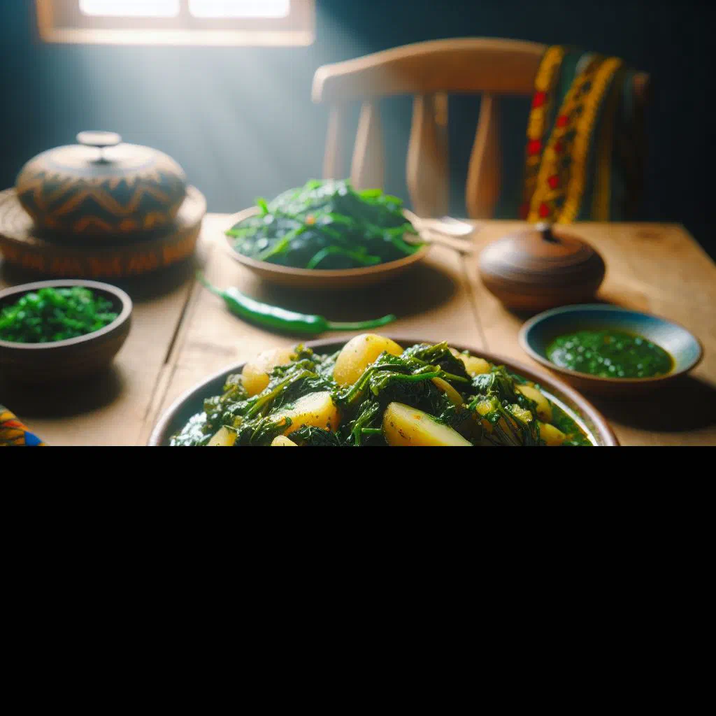 Liberian potato greens simmered with onion and chilli in a deep bowl