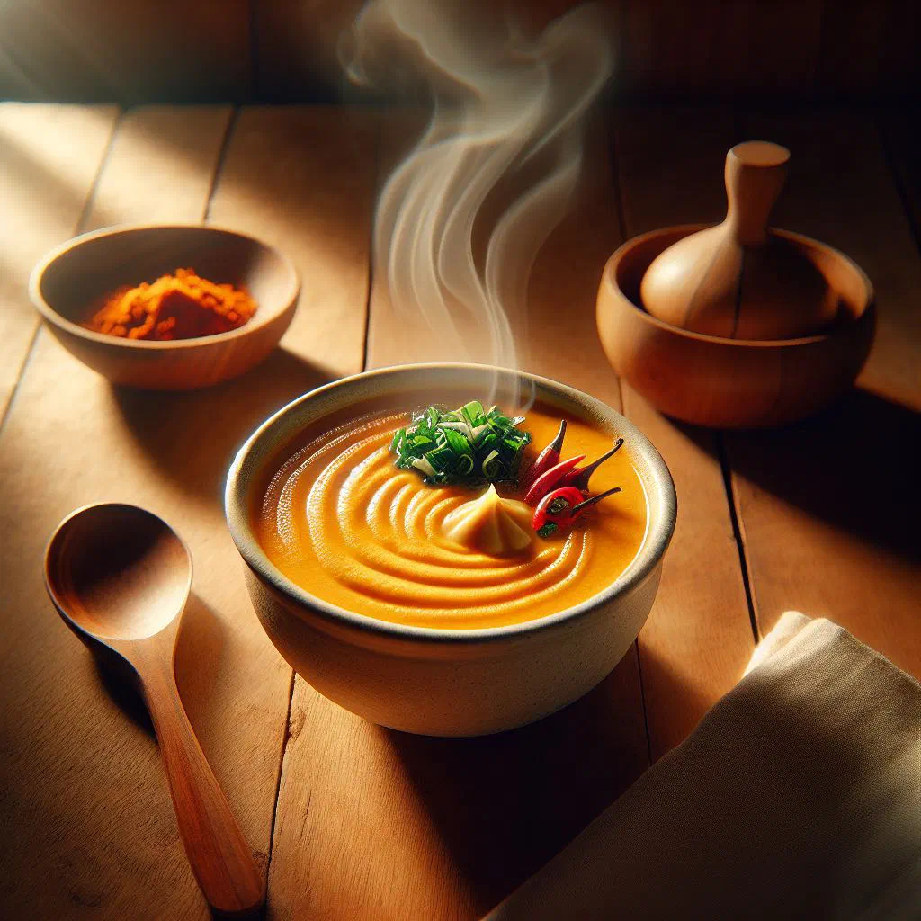 Bowl of rich orange palm butter soup with chicken, okra and fresh herbs