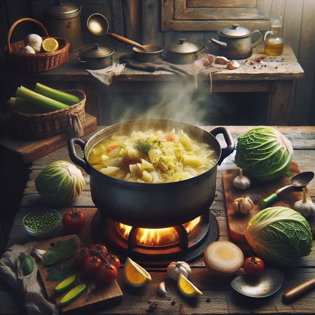 Bowl of Liberian palm cabbage soup with vegetables and fresh herbs