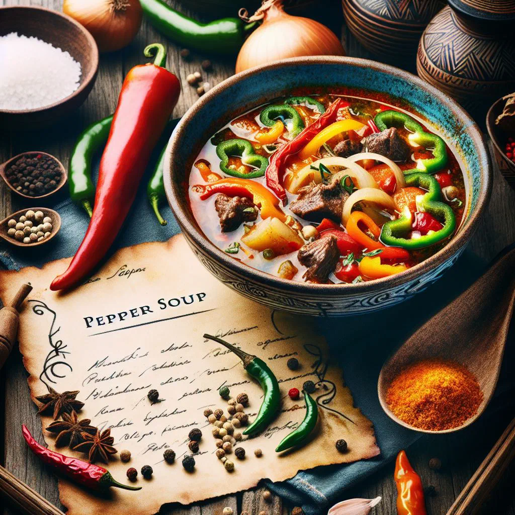 Steaming bowl of Liberian pepper soup with chicken and fresh herbs