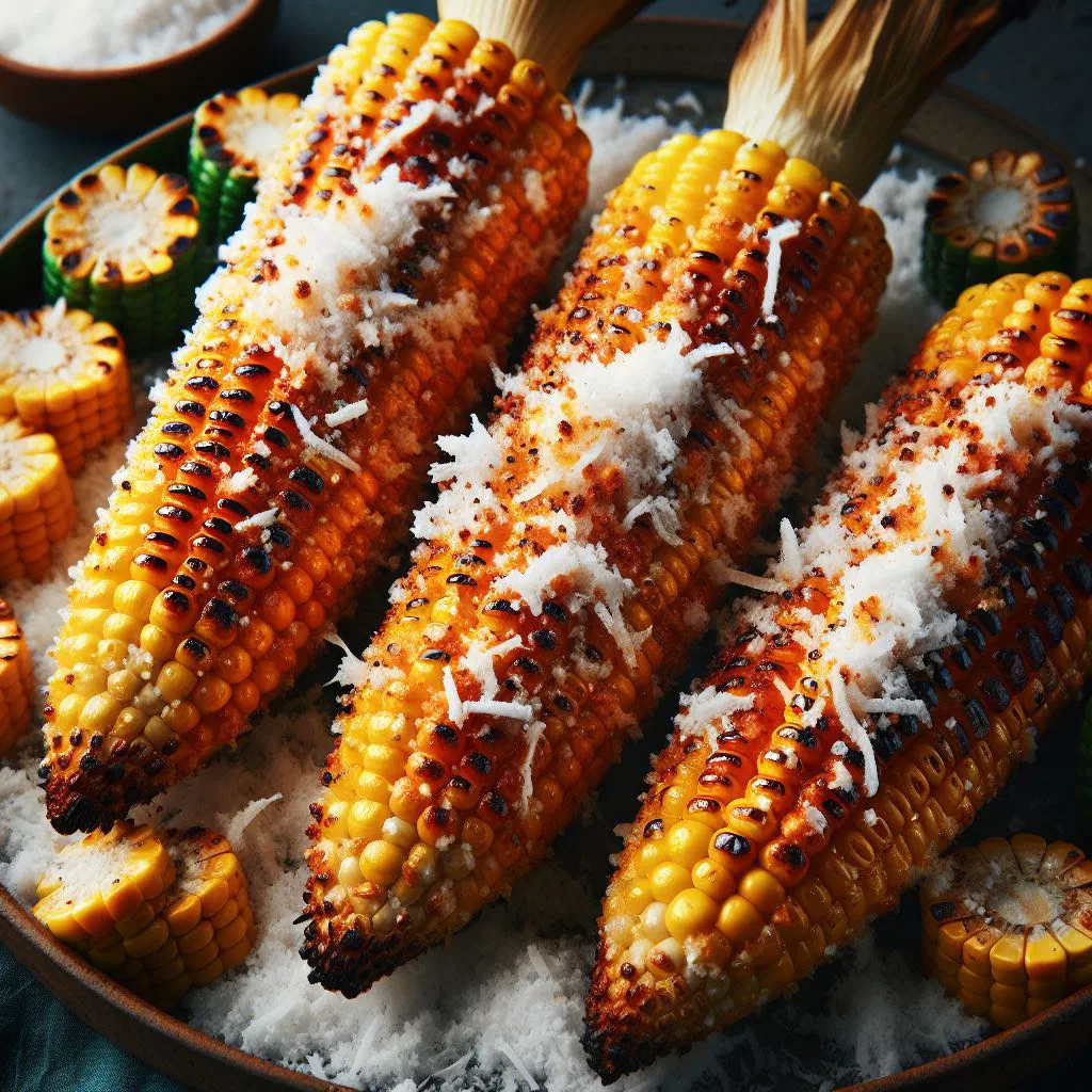 Roasted corn kernels tossed with grated coconut in a rustic bowl