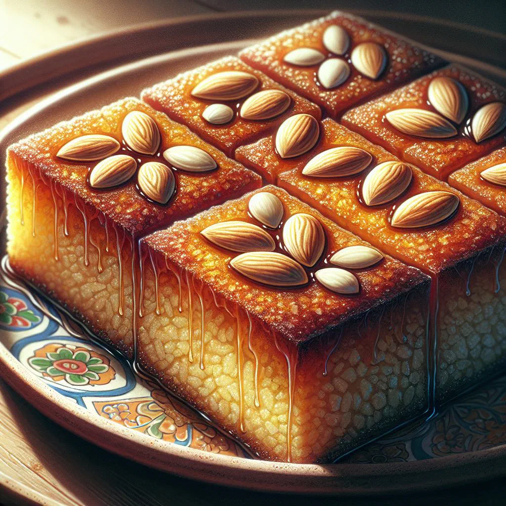 Diamond-cut basbousa semolina cake topped with almonds and sugar syrup