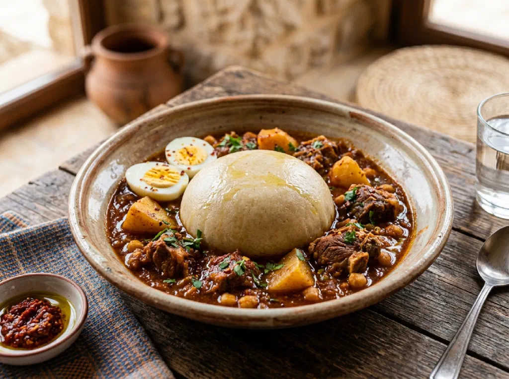 Dome of bazin dough surrounded by rich lamb and tomato sauce on a platter