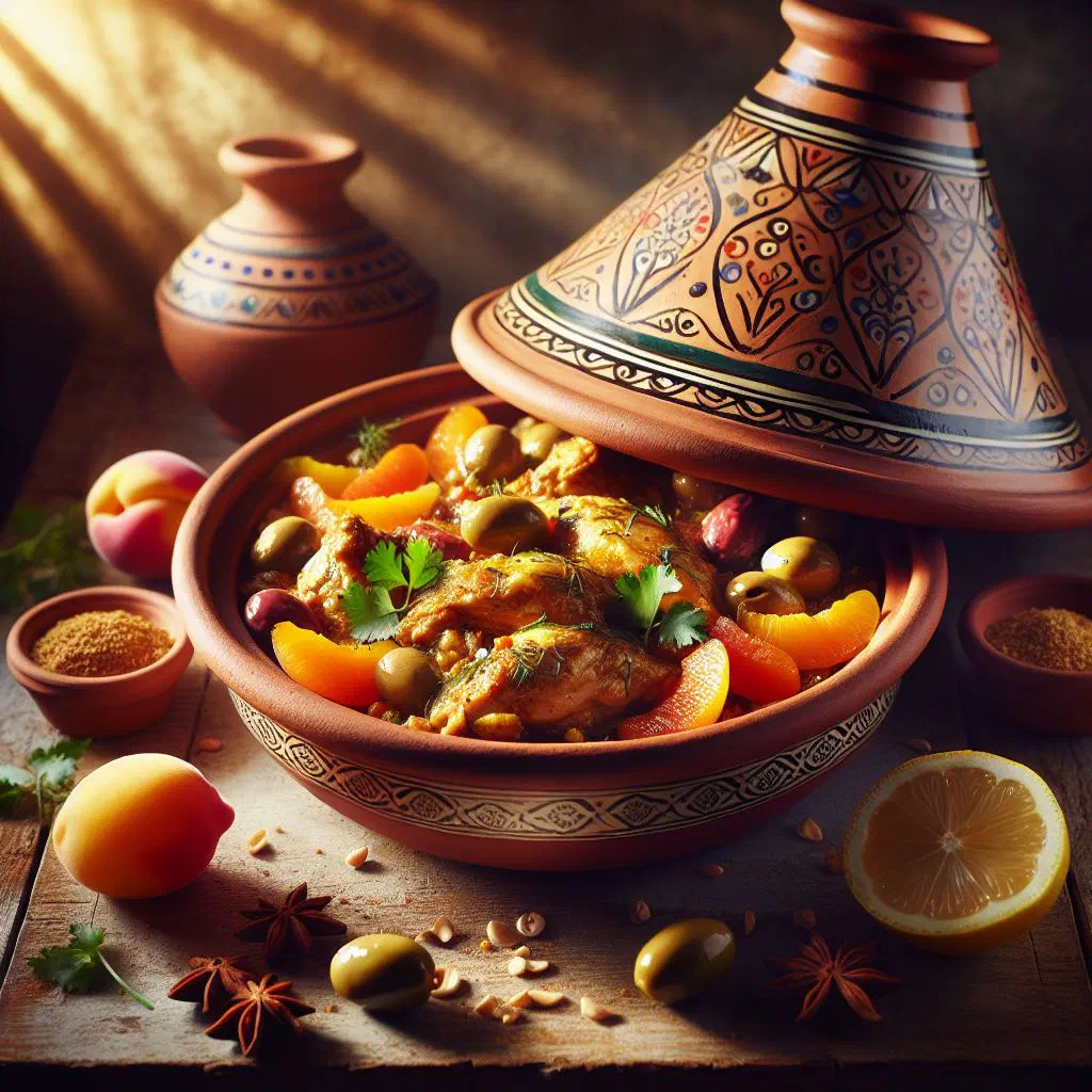 Chicken tagine with chickpeas and dried fruit in a conical earthenware pot