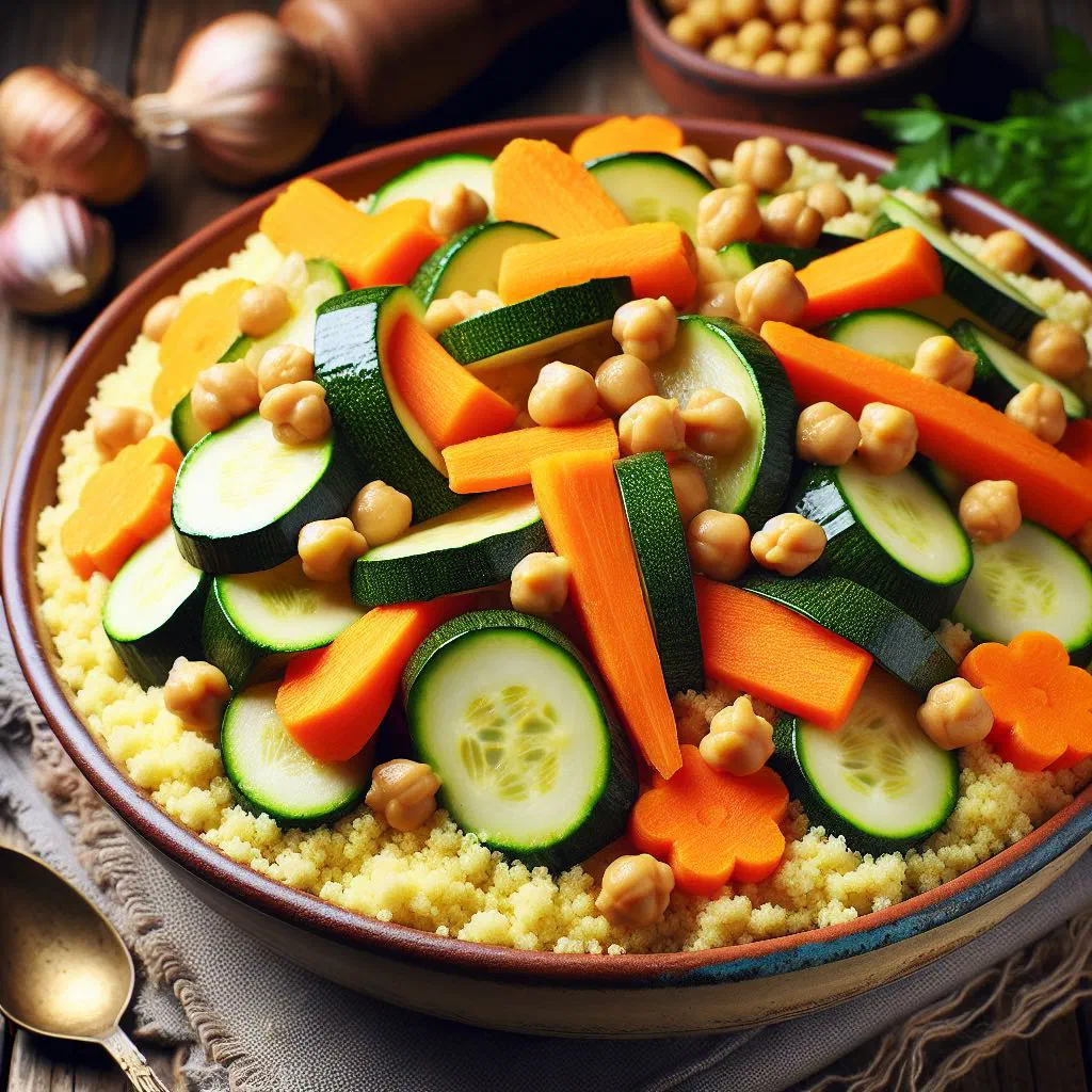 A bowl of fluffy couscous topped with colourful mixed vegetables and fresh herbs