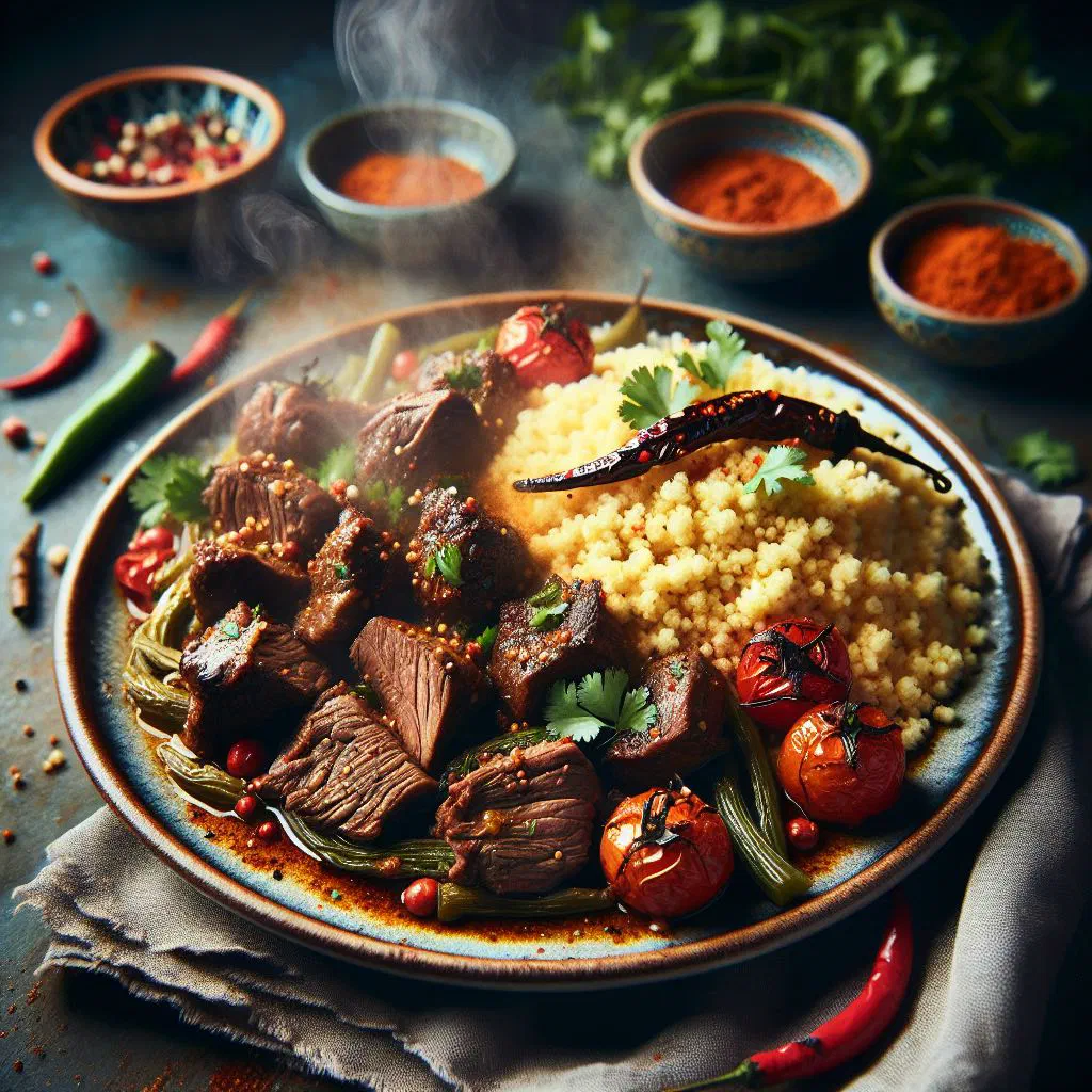 Fluffy couscous topped with tender lamb, carrots and chickpeas