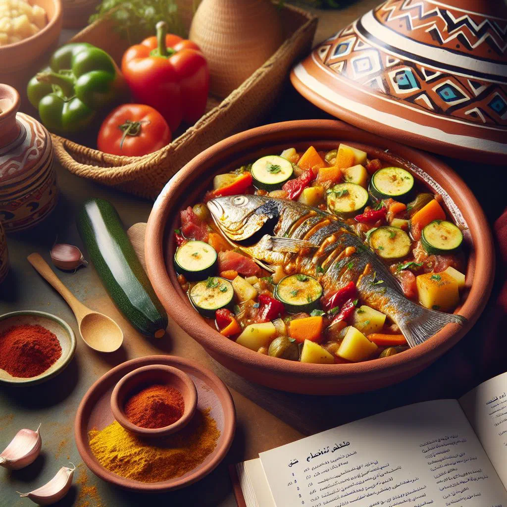 Fish tagine with peppers, tomatoes and lemon slices in an earthenware pot