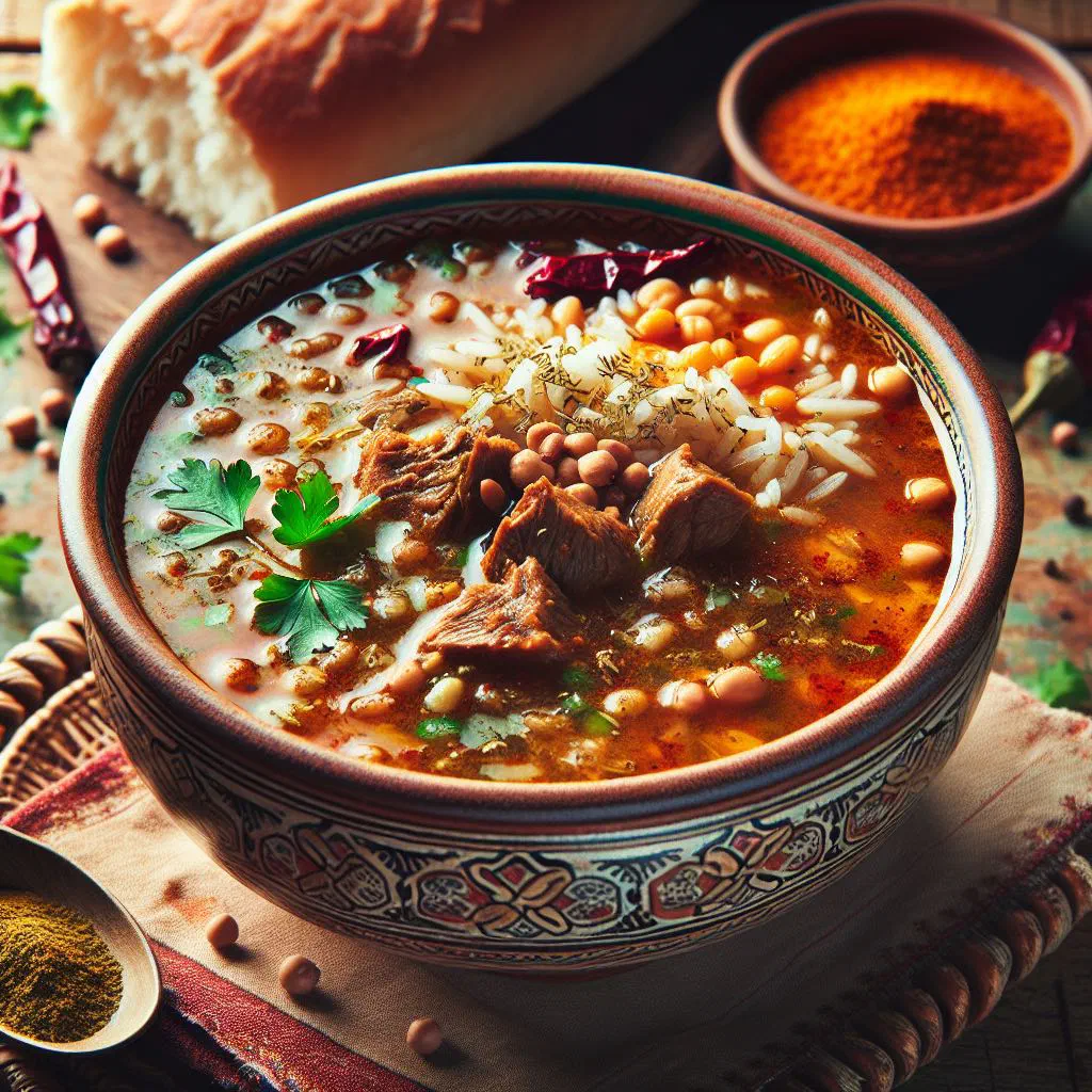 Bowl of Libyan hareesa soup garnished with fresh herbs and olive oil