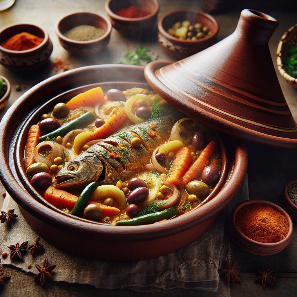 Libyan hout bil tajine, spiced fish simmered with peppers and onions, garnished with fresh herbs and lemon
