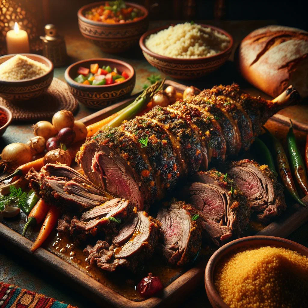 Slow-grilled marinated lamb mechoui garnished with fresh herbs