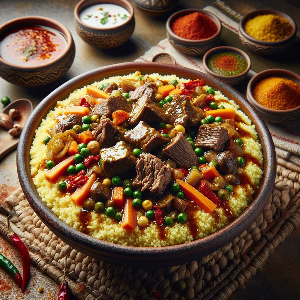 Steamed Libyan couscous topped with colourful vegetables and fresh herbs