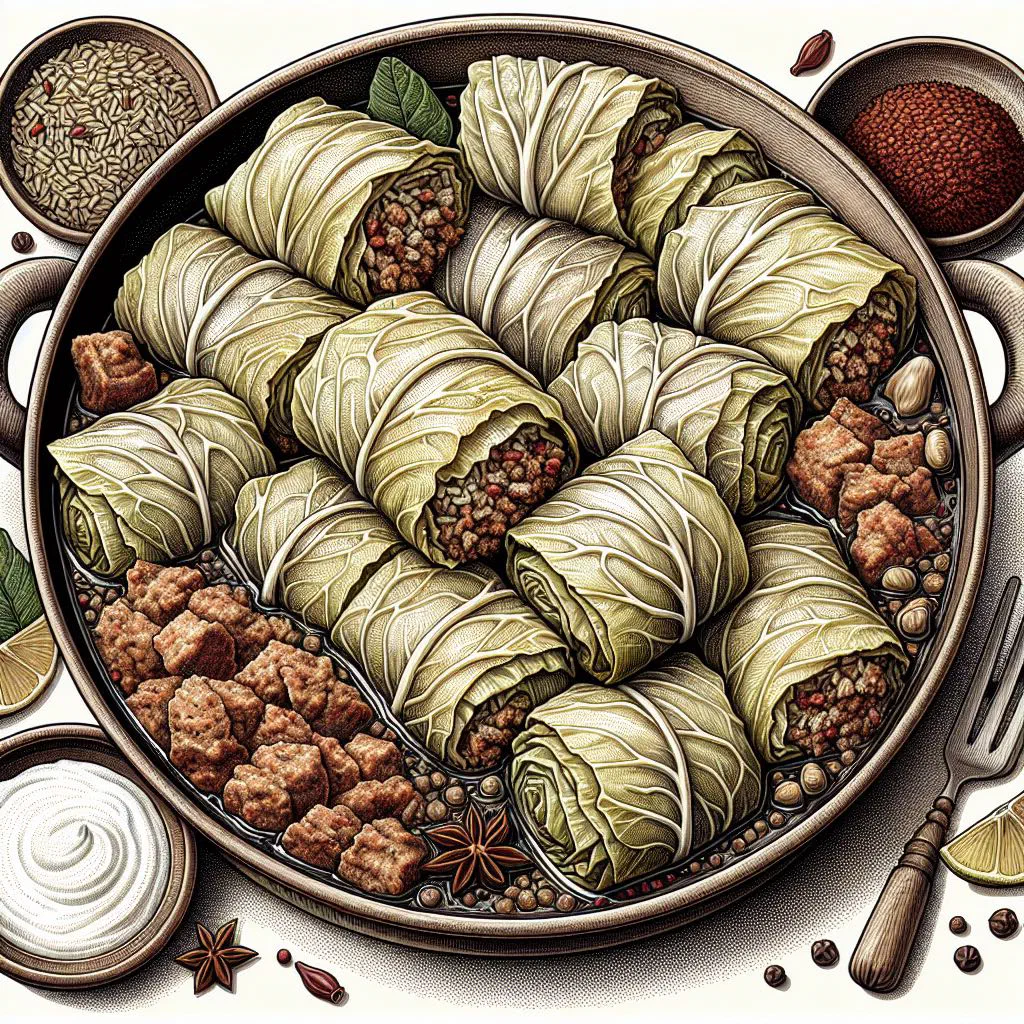 Libyan malfouf cabbage rolls stuffed with spiced minced meat and rice