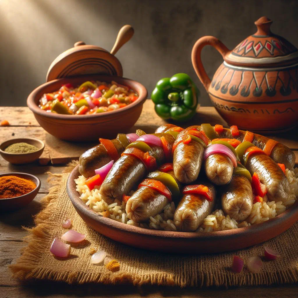 Rice-stuffed mombar sausages simmered in broth and garnished with fresh herbs
