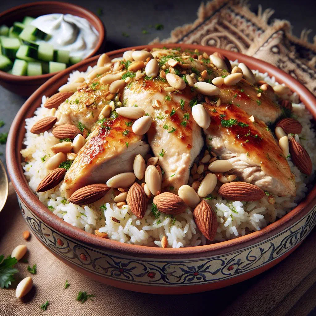 Libyan ruz bil djaj with spiced chicken and rice garnished with parsley