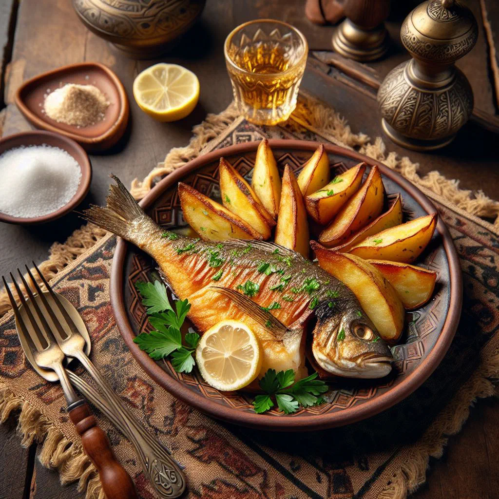 Baked fish fillets layered over golden potato slices with herbs and lemon