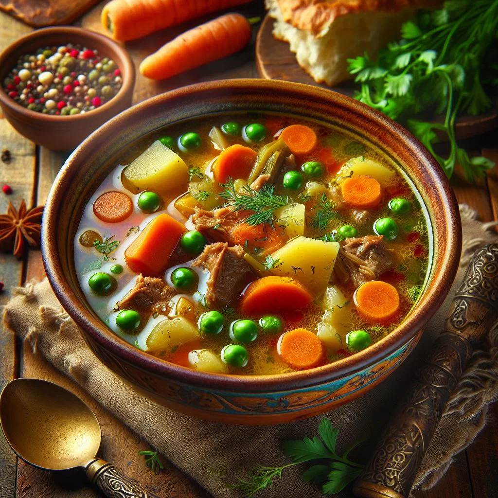 A bowl of Libyan shorba soup with meat, vegetables and fresh herbs