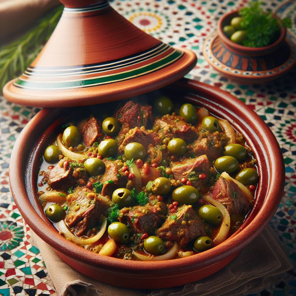 Libyan tajine zitoun with tender meat and green olives garnished with fresh herbs