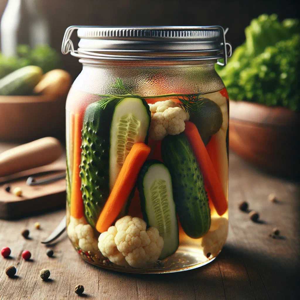 A colourful jar of Libyan torshi pickled vegetables with olives, peppers and carrot