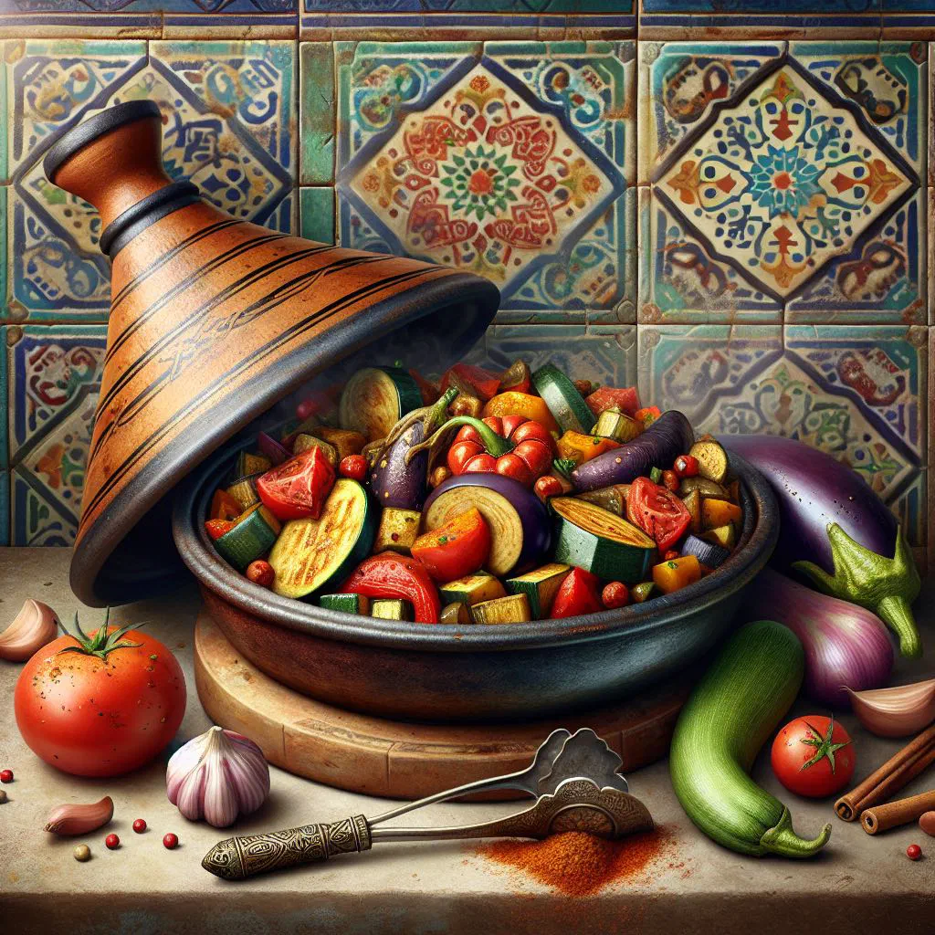 Colourful vegetable tagine with chickpeas and fresh herbs in a conical clay pot