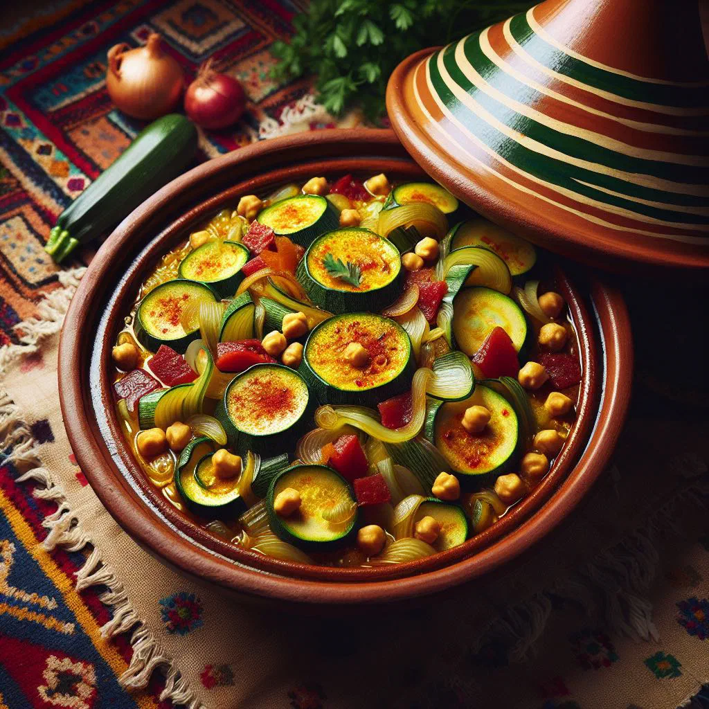 Zucchini tagine with peppers, tomatoes and fresh herbs in a clay pot