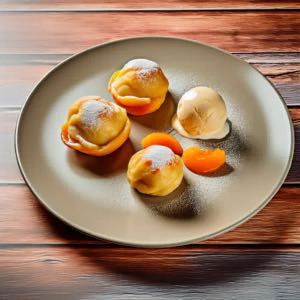 Apricot dumplings rolled in buttery golden breadcrumbs and dusted with sugar