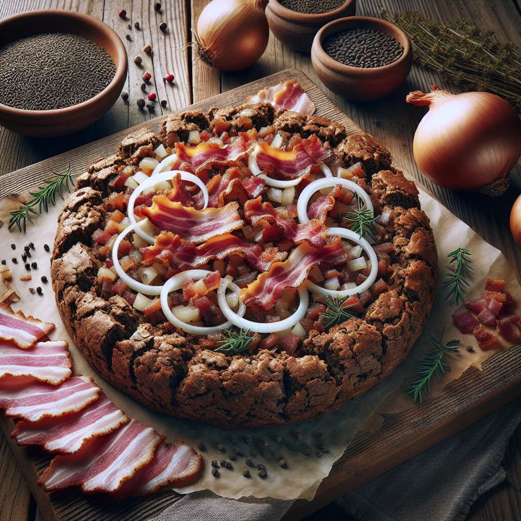 Golden baked bacon cake studded with crispy bacon and fresh herbs