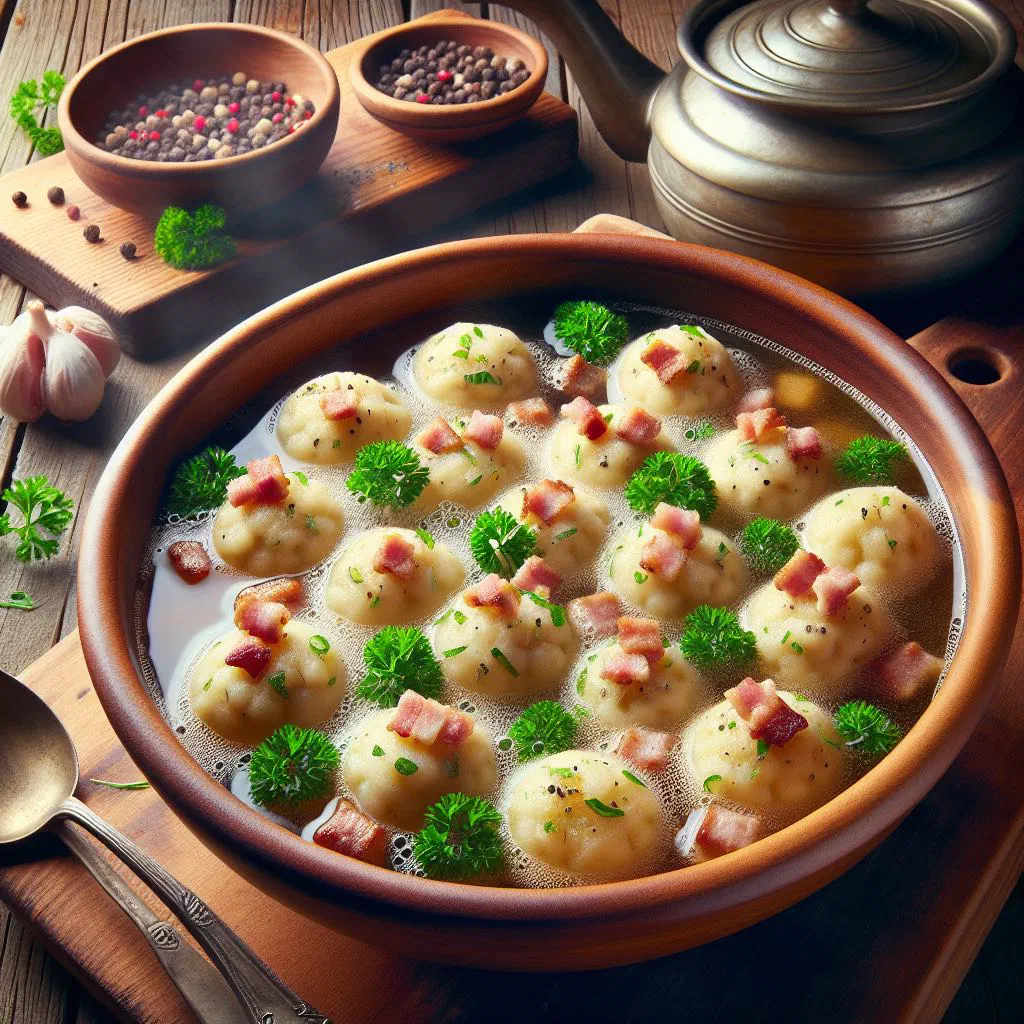 Golden bacon dumplings on a plate garnished with fresh parsley