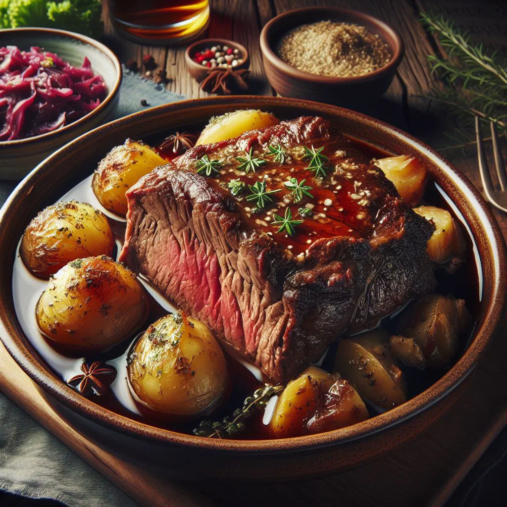 Slices of tender braised beef roast with carrots and rich gravy