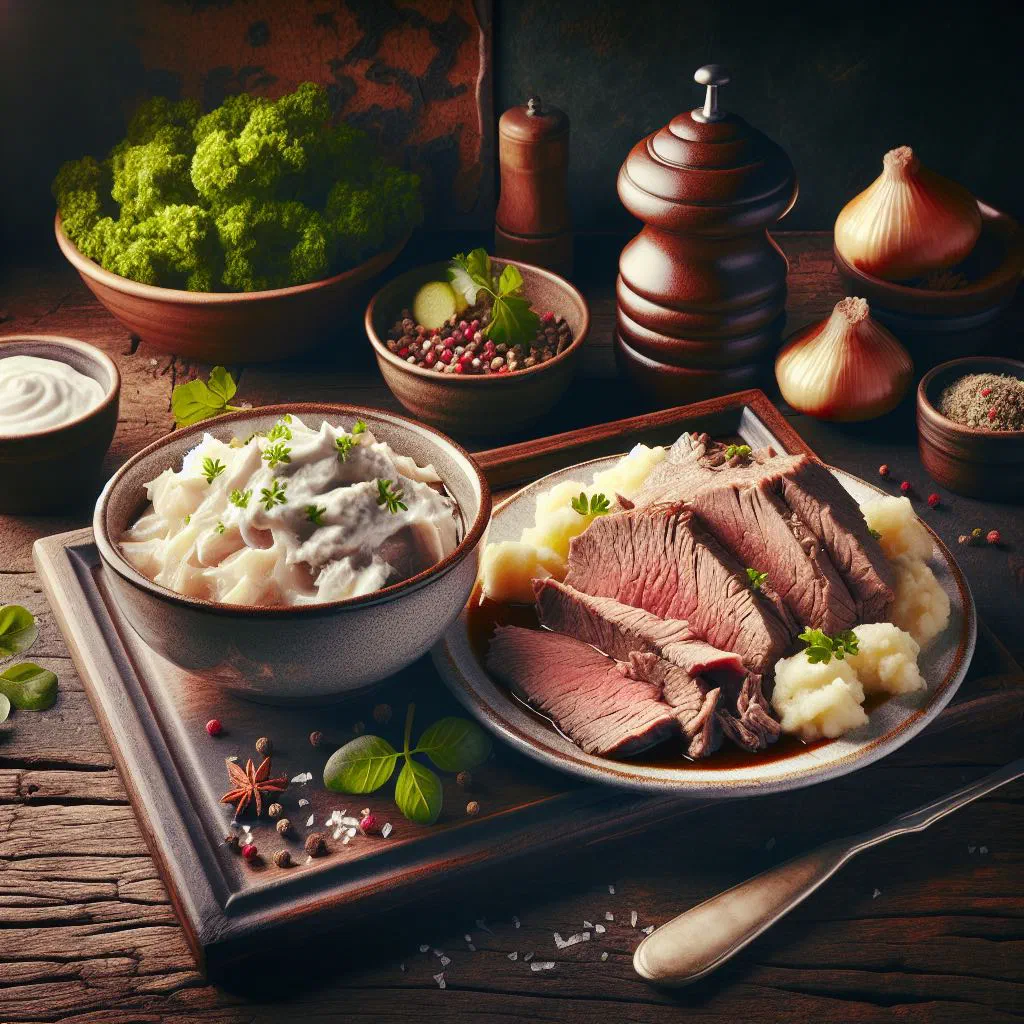 Sliced boiled beef served with a creamy horseradish sauce and root vegetables