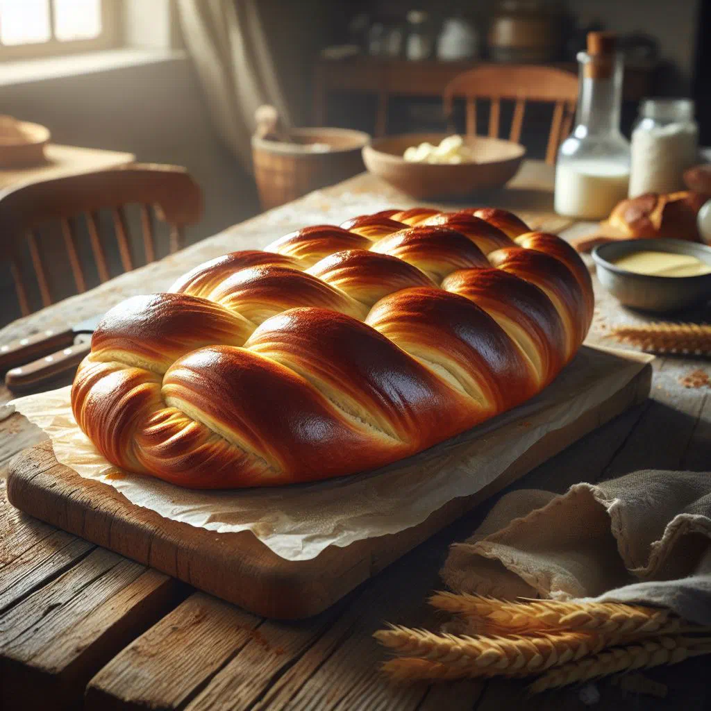 Golden braided Butterzopf loaf with a glossy buttery crust