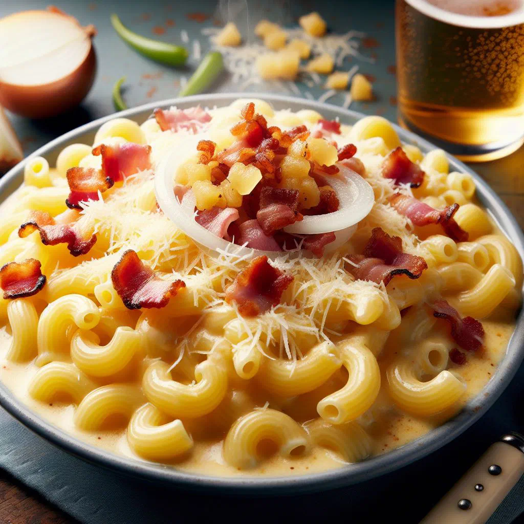 Bowl of Chäshörnli cheese pasta topped with melted Gruyère and onions