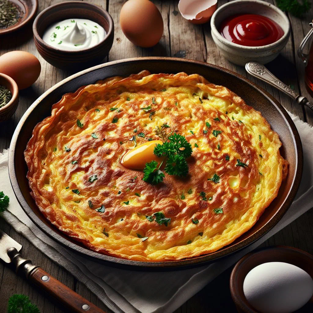Golden egg pancakes stacked on a plate with fresh herbs