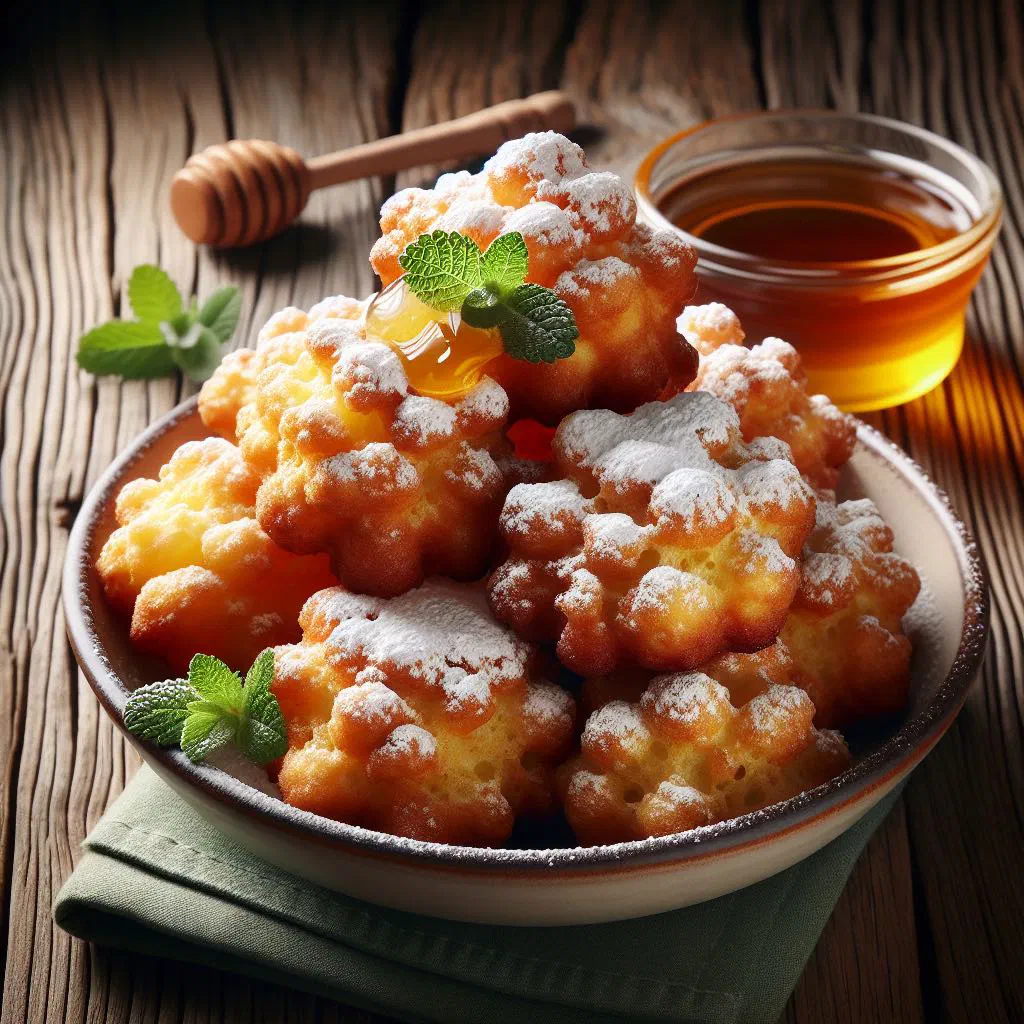 Golden elderflower fritters dusted with icing sugar on a plate