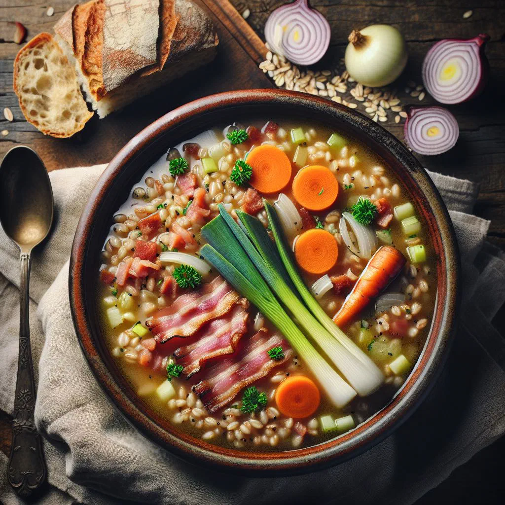 A steaming bowl of Grisons barley soup with vegetables and fresh herbs