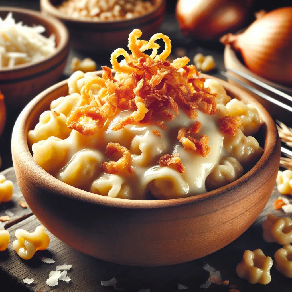 Golden Käsknöpfle topped with melted cheese and fried onions