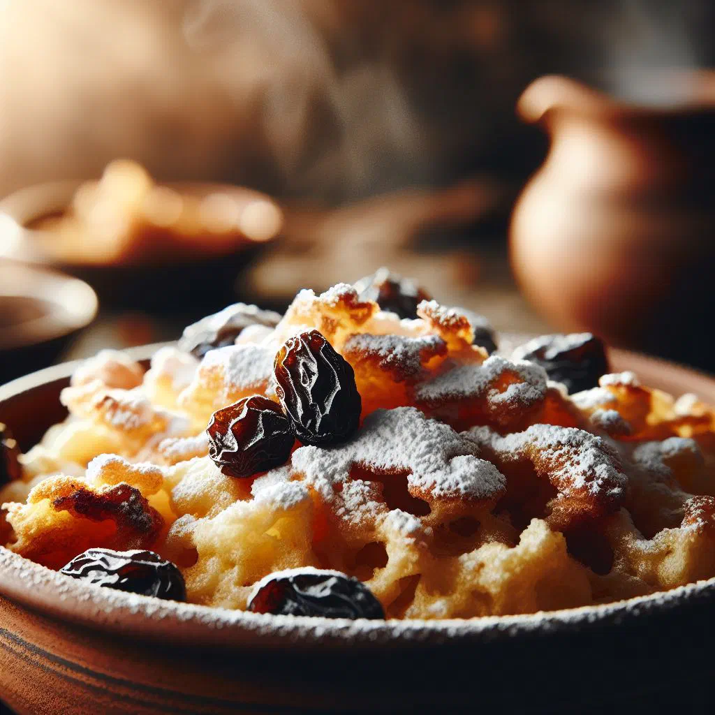 Fluffy shredded Kaiserschmarrn dusted with icing sugar and served with plum jam