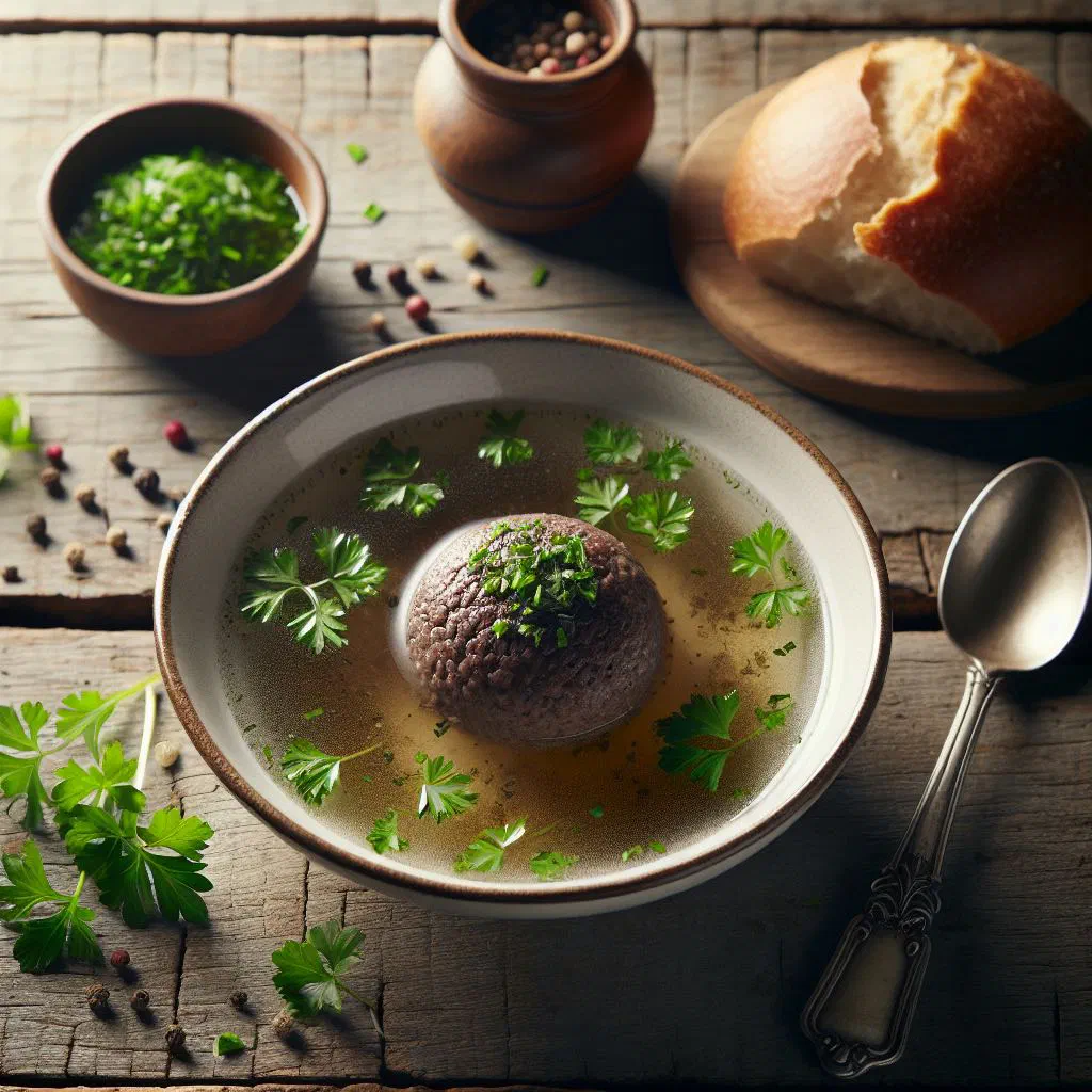A bowl of Liechtenstein liver dumpling soup garnished with fresh parsley