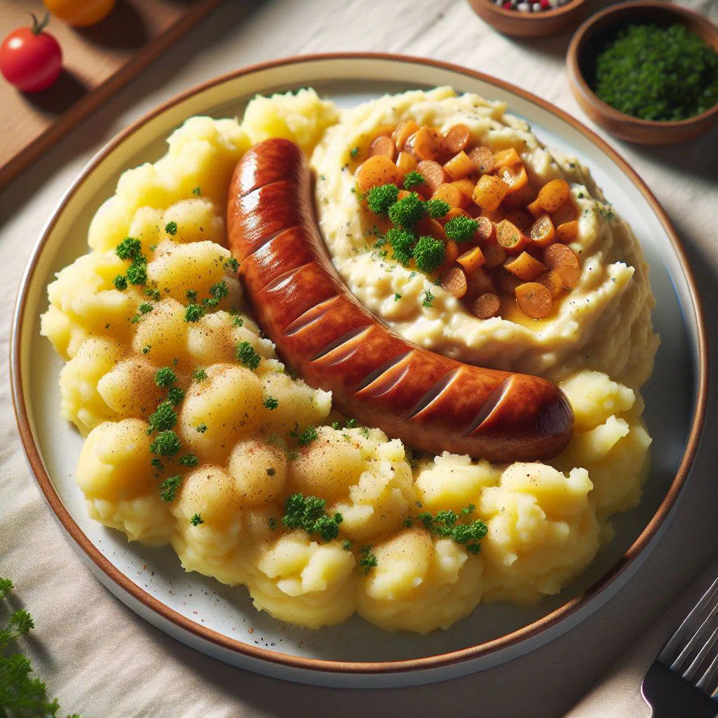 Creamy mashed potatoes topped with golden-brown bratwurst sausages