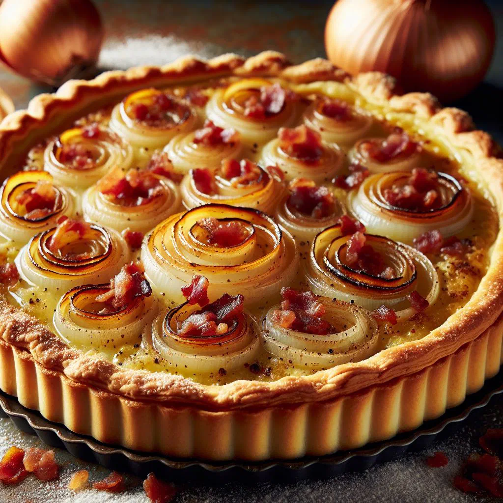 Golden baked onion tart with bacon and a creamy filling on a wooden board