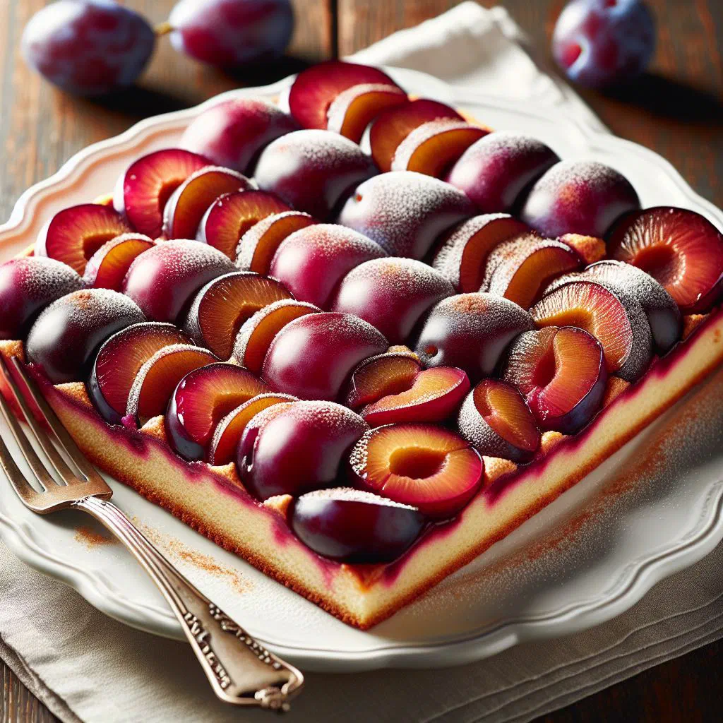 Juicy plum cake topped with halved ripe plums, dusted with icing sugar