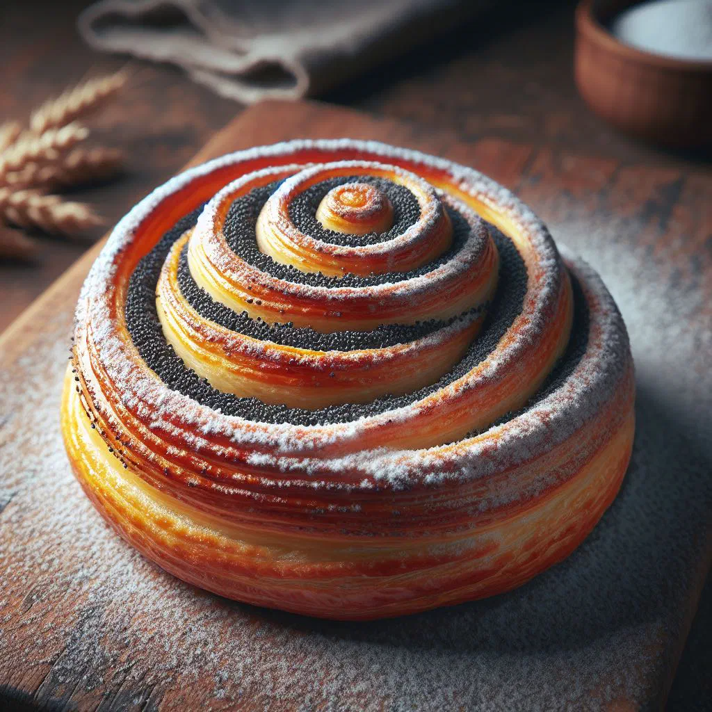Golden poppy seed swirls dusted with icing sugar on a plate