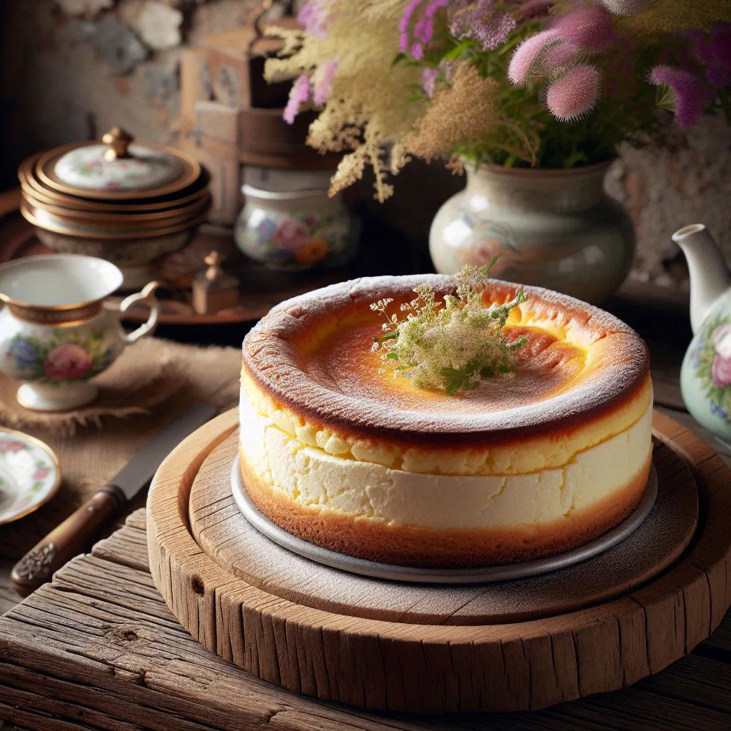 Golden Liechtenstein quark cake dusted with icing sugar on a plate