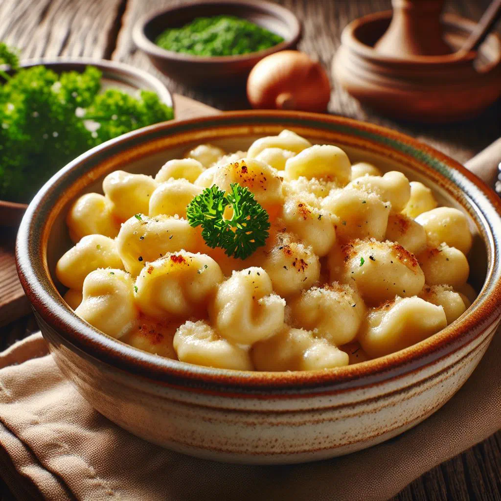 A plate of golden quark spätzle topped with grated cheese