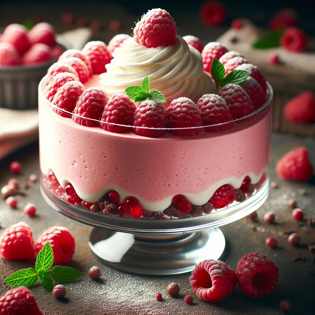Raspberry mousse served in a glass, topped with fresh raspberries and mint