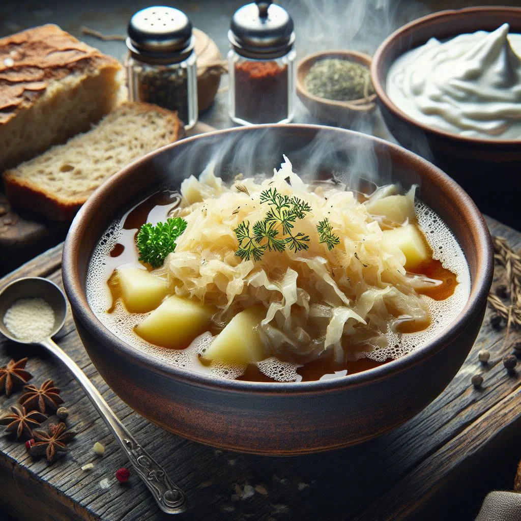 Bowl of hearty sauerkraut soup garnished with fresh herbs