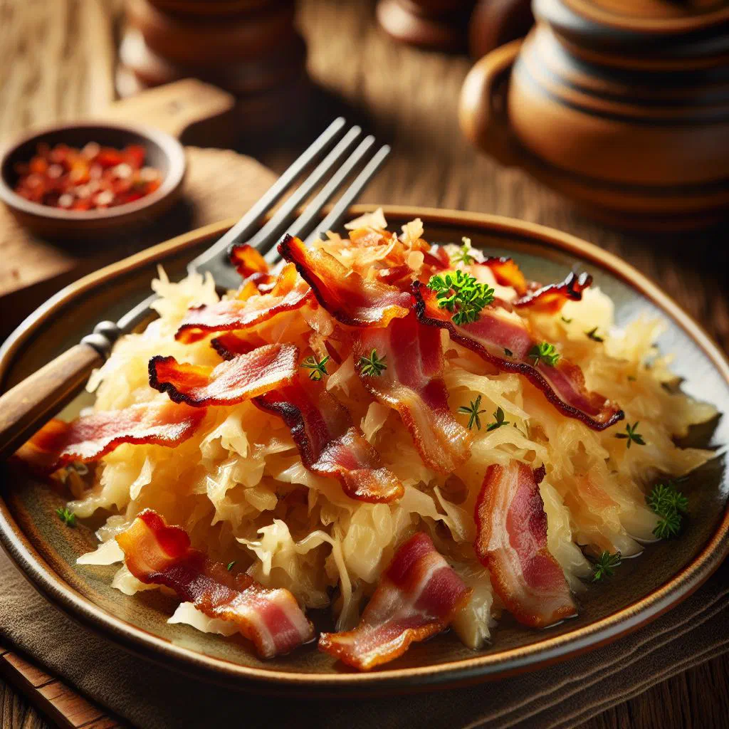 A hearty bowl of sauerkraut with crispy bacon and apple