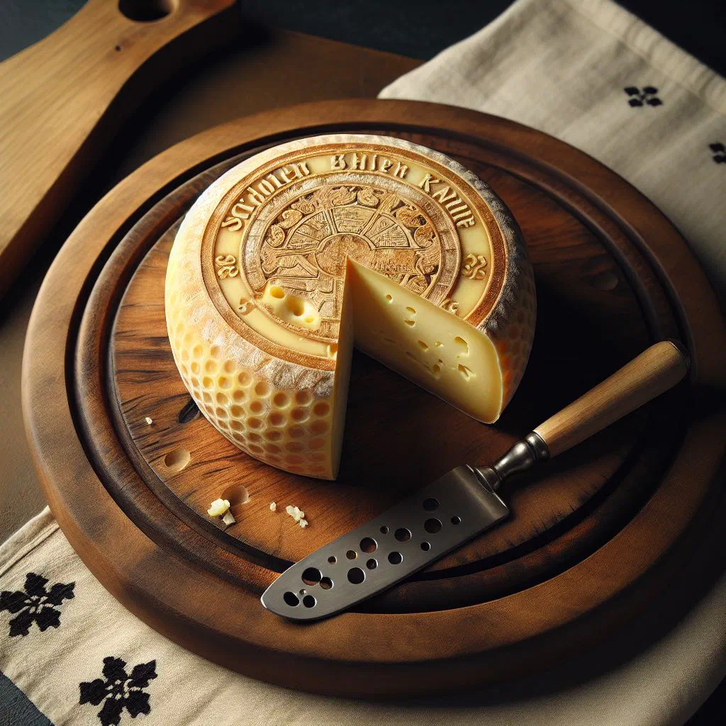 Sliced Schopfheimer cheese arranged with fresh vegetables and bread on a wooden board