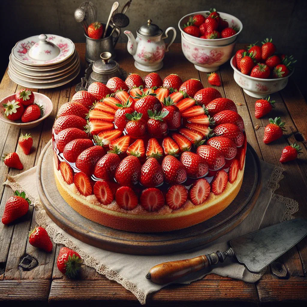 Strawberry cake with a light sponge base, fresh strawberries and vanilla cream