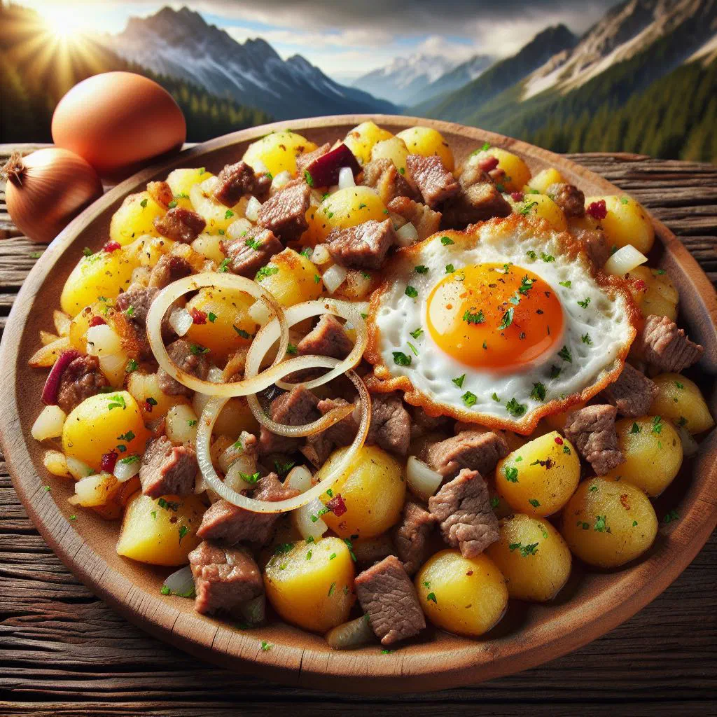Tyrolean Gröstl of crispy fried potatoes, meat and onions in a rustic pan