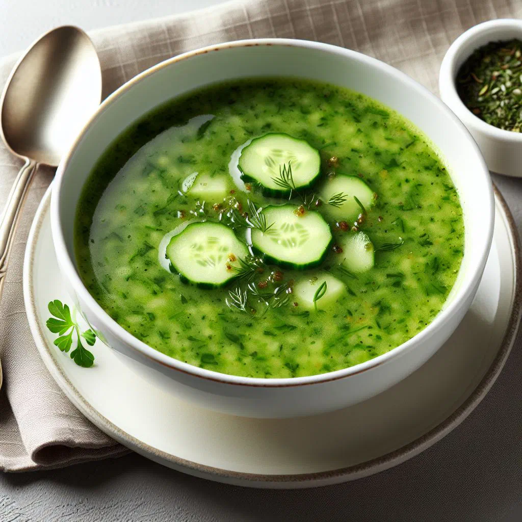 A bowl of chilled Lithuanian cucumber soup garnished with fresh dill